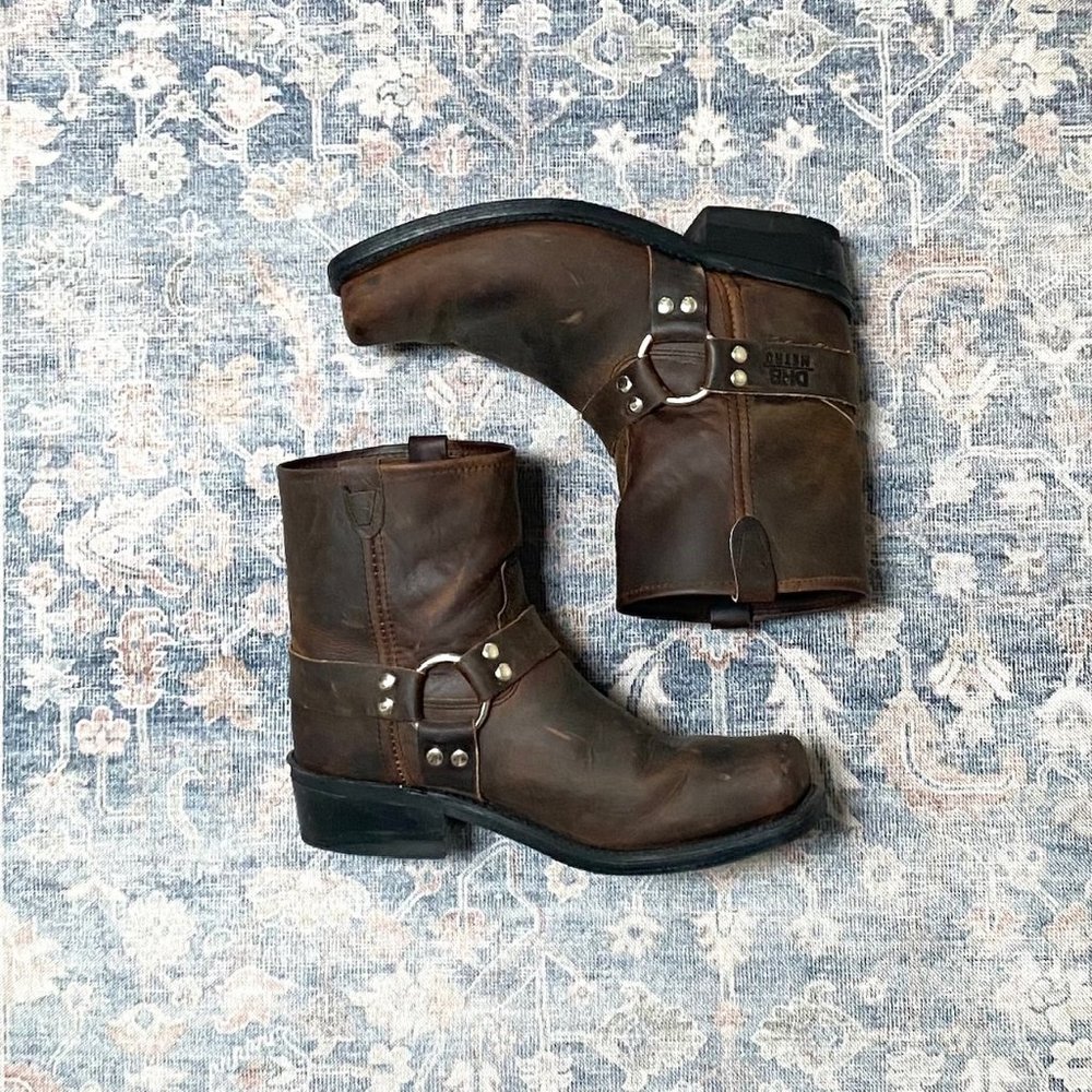 Men's Double H Brown Distressed 100% Leather Biker Boots, Size 11 2E (wide)